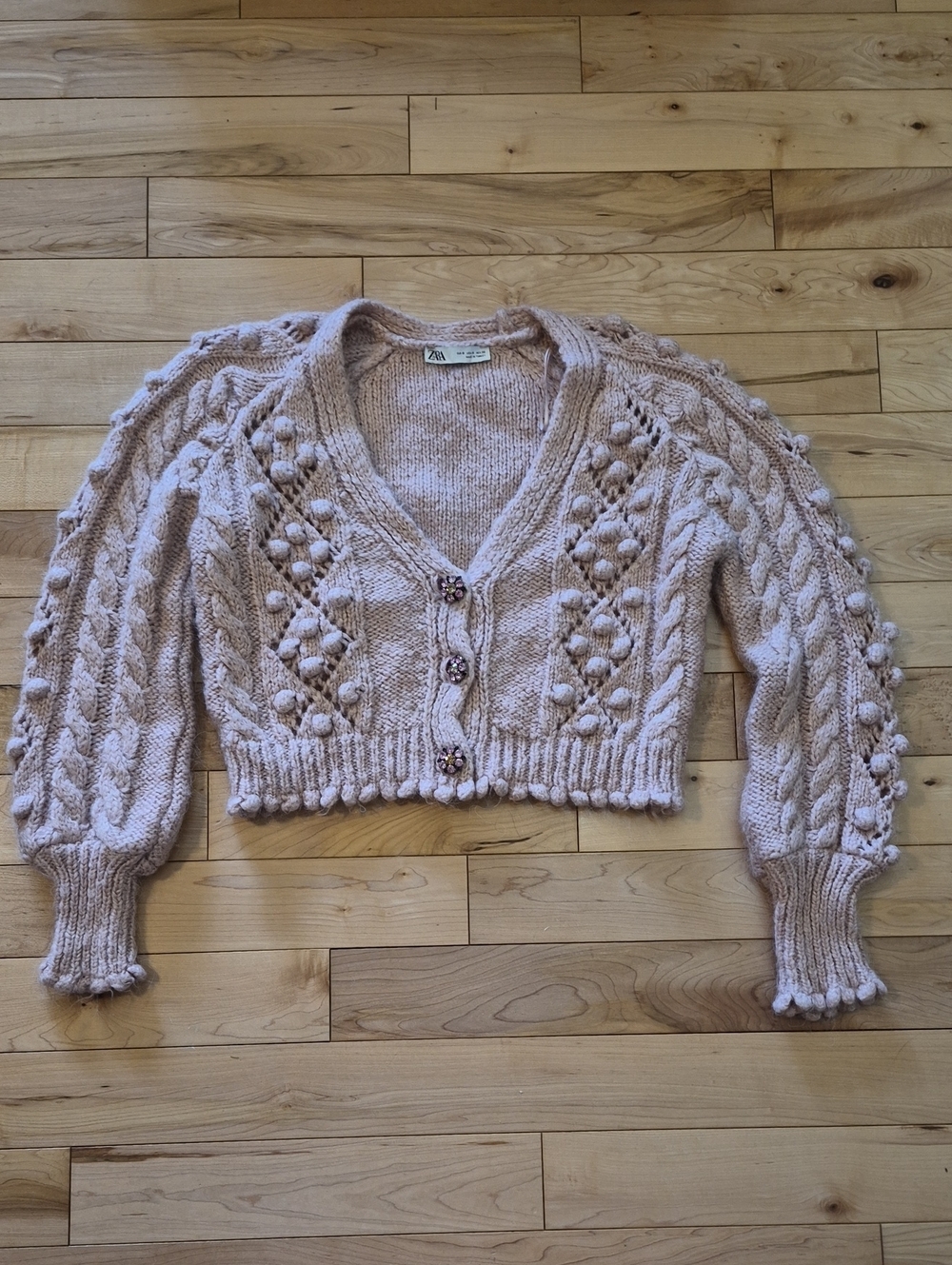 Zara Women's Size Small Blush Pink Cropped Knit Cardigan with Bobble Detailing